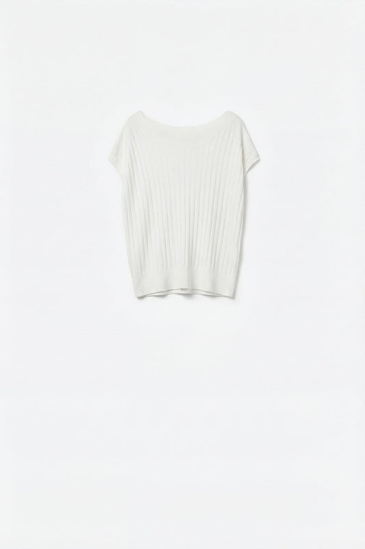 White fine Rib knitted Sweater with boat neck - Jumpers