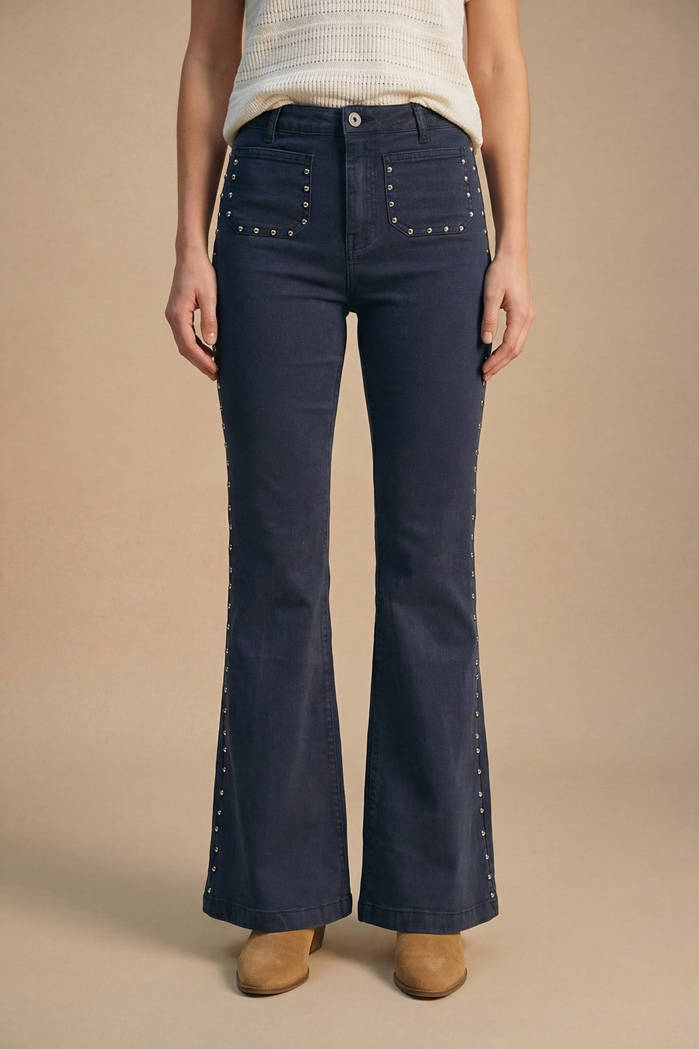 Navy High-Rise Flared Jeans with Stud Detail