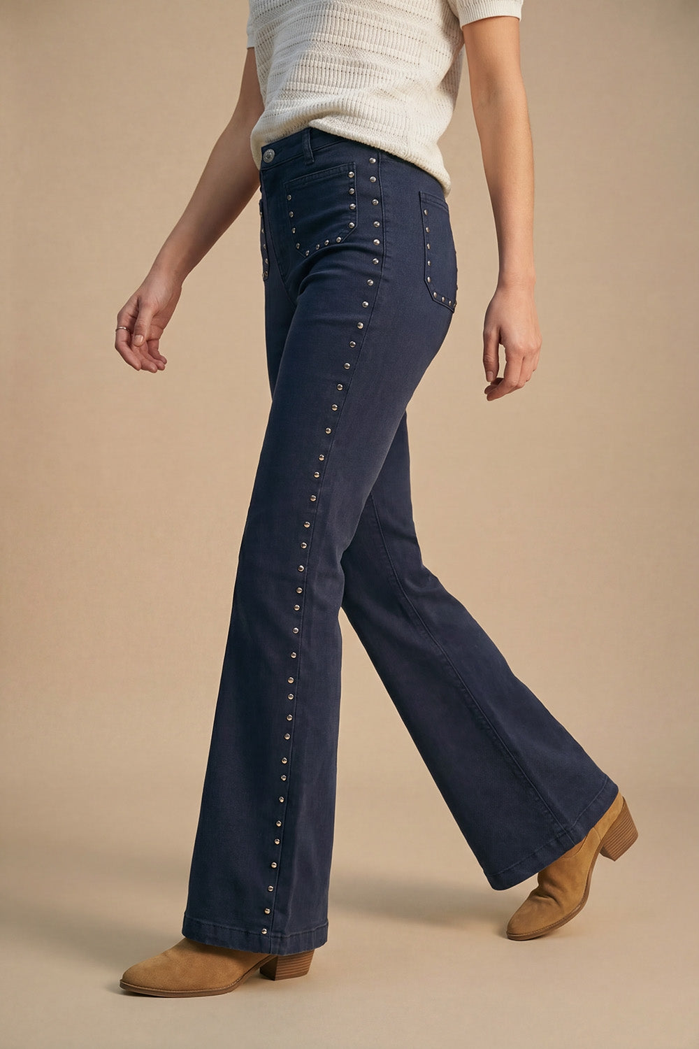 Navy High-Rise Flared Jeans with Stud Detail - Coloured Jeans