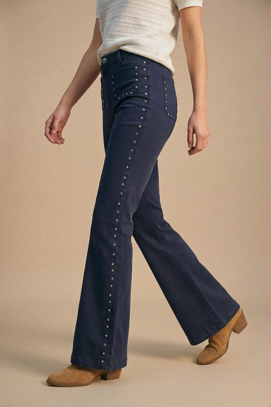 Navy High-Rise Flared Jeans with Stud Detail - Coloured Jeans