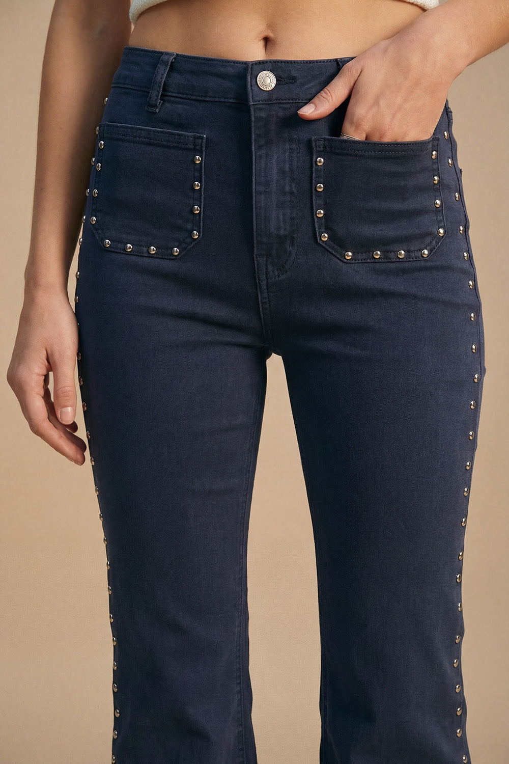 Navy High-Rise Flared Jeans with Stud Detail - Coloured Jeans