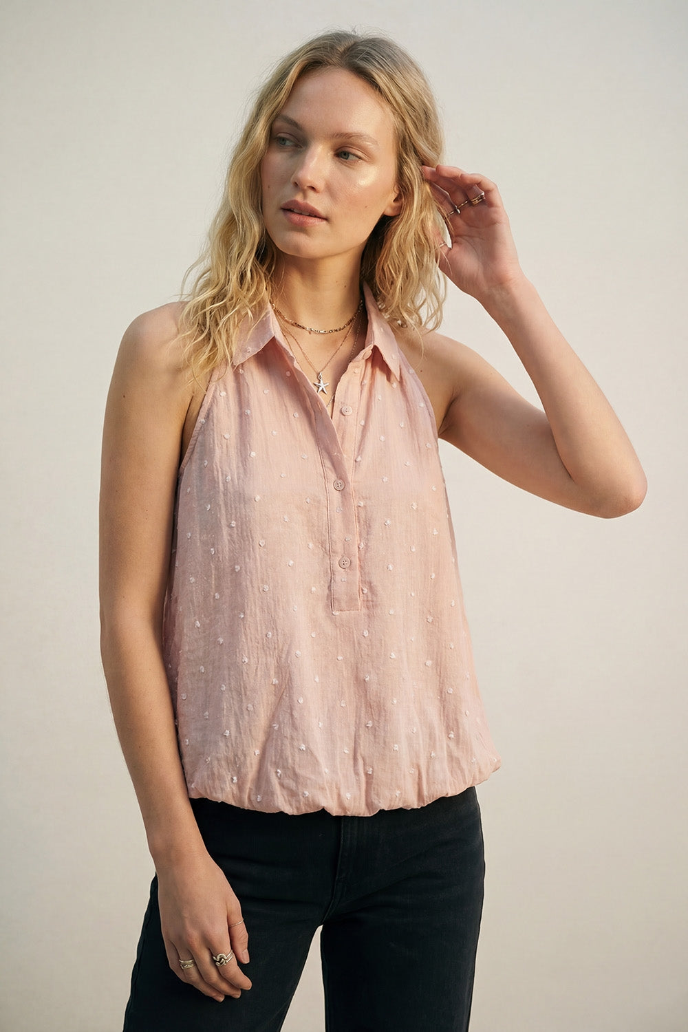 Pink Swiss Dot Sheer Sleeveless Blouse with Collar