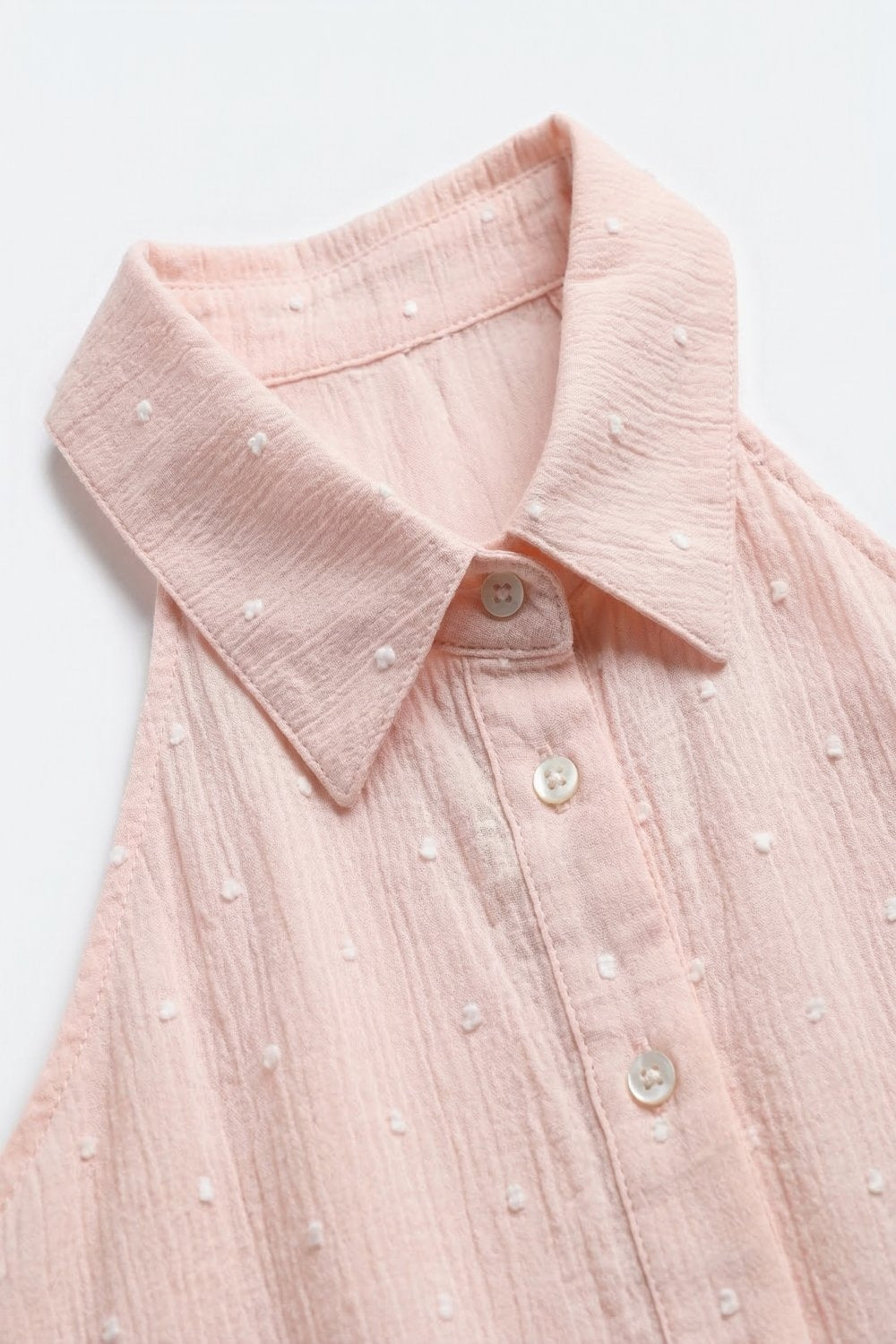 Pink Swiss Dot Sheer Sleeveless Blouse with Collar