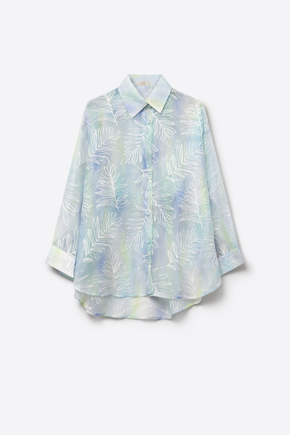 Light Blue Sheer Leaf Print Button-Up Shirt with translucent fabric - Shirts
