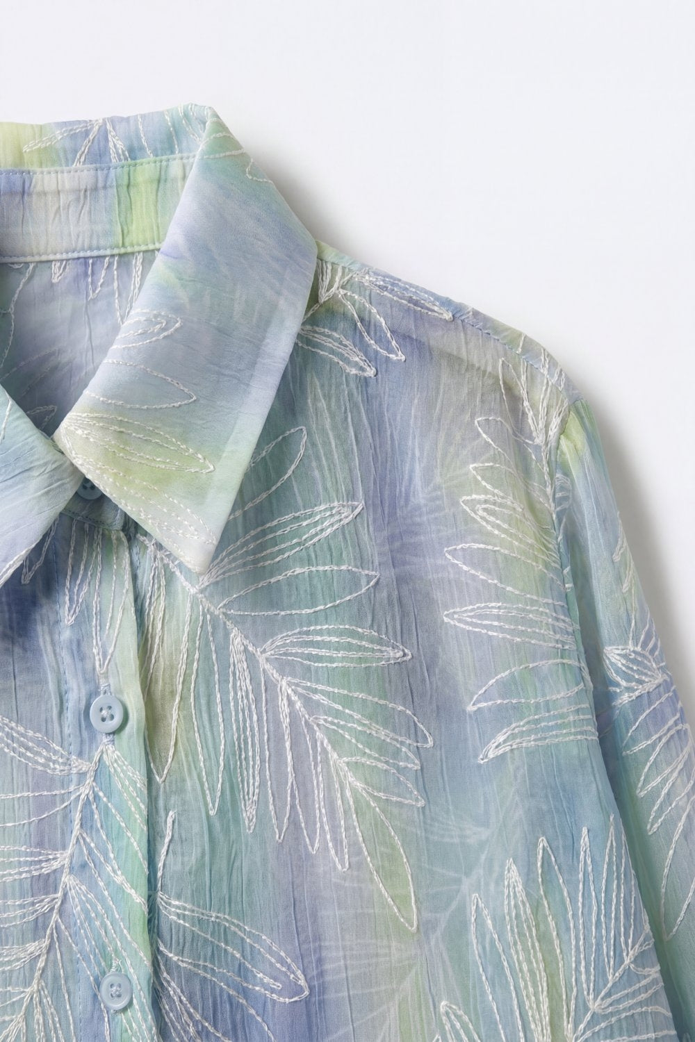 Light Blue Sheer Leaf Print Button-Up Shirt with translucent fabric - Shirts
