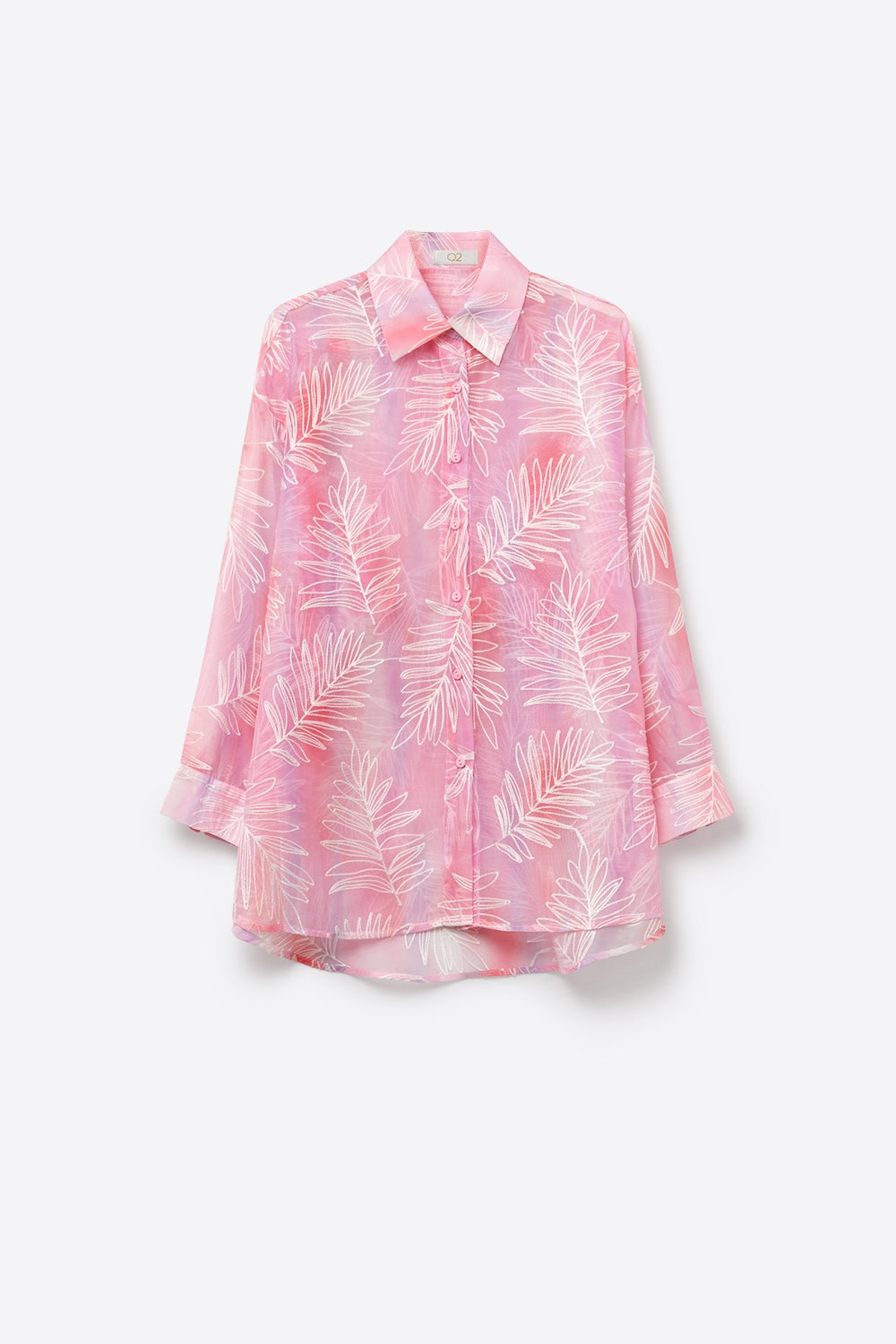 Pink Sheer Leaf Print Button-Up Shirt with translucent fabric - Shirts