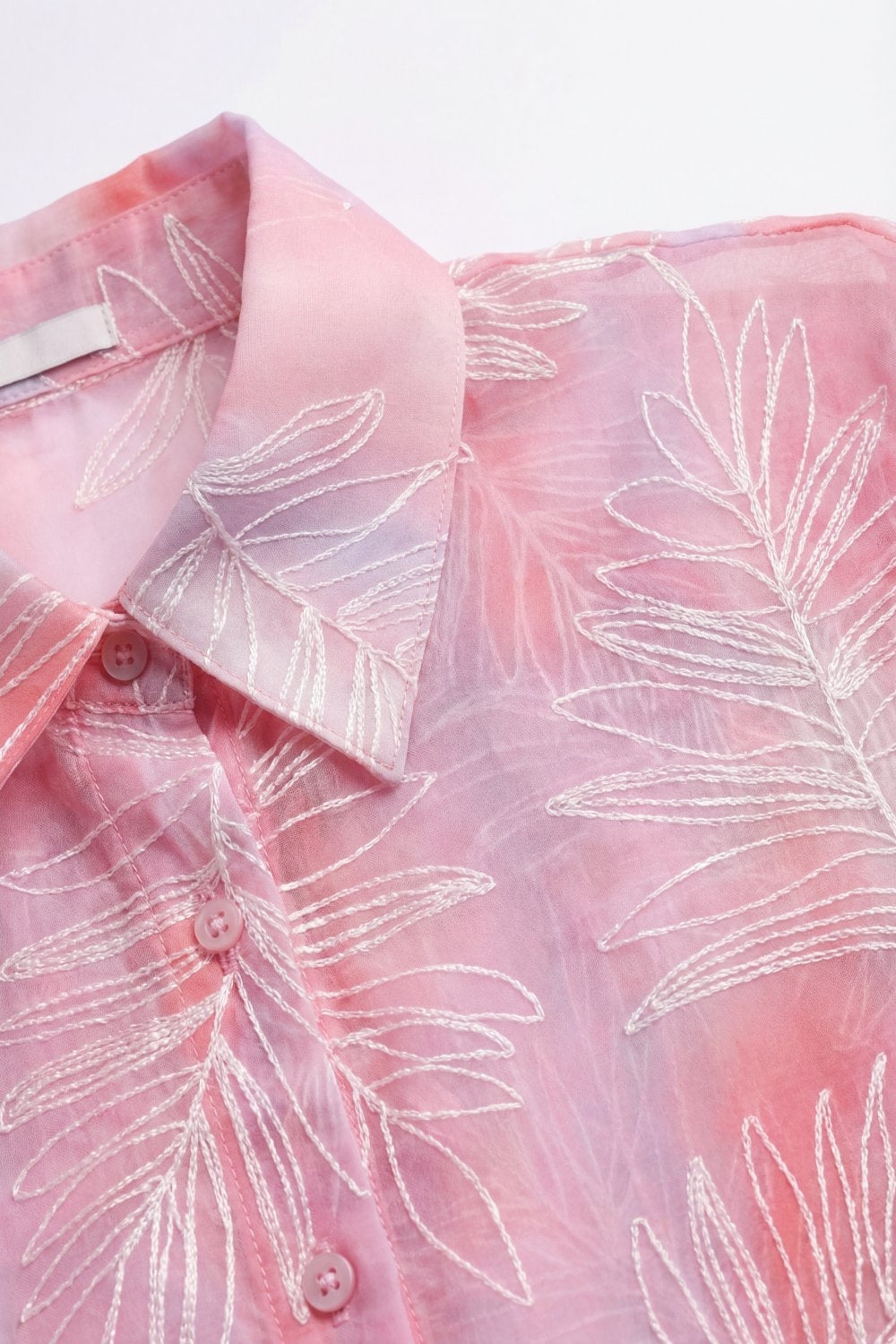 Pink Sheer Leaf Print Button-Up Shirt with translucent fabric - Shirts