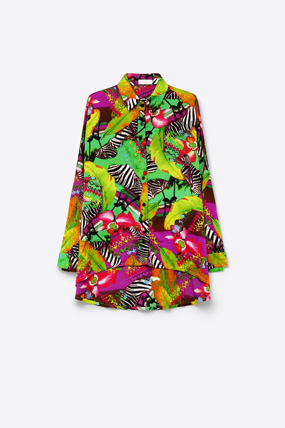 Multi Green Vibrant Tropical Print Button-Up Shirt in satin fabric - Shirts