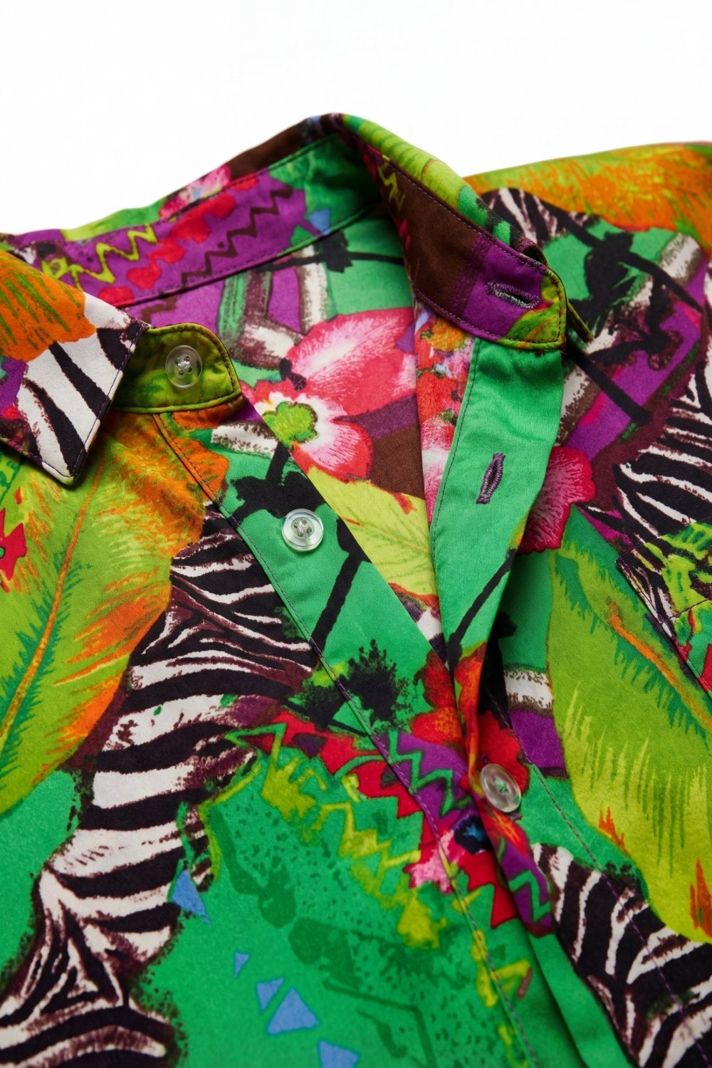 Multi Green Vibrant Tropical Print Button-Up Shirt in satin fabric - Shirts