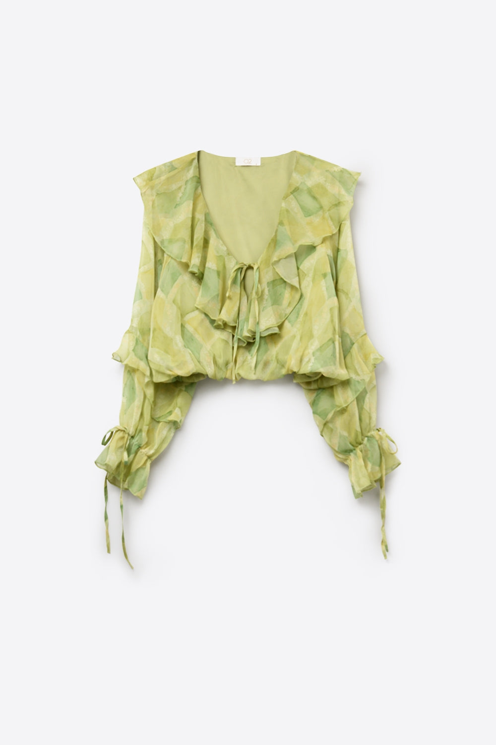 Light Green Ruffled Tie-Front Sheer Blouse