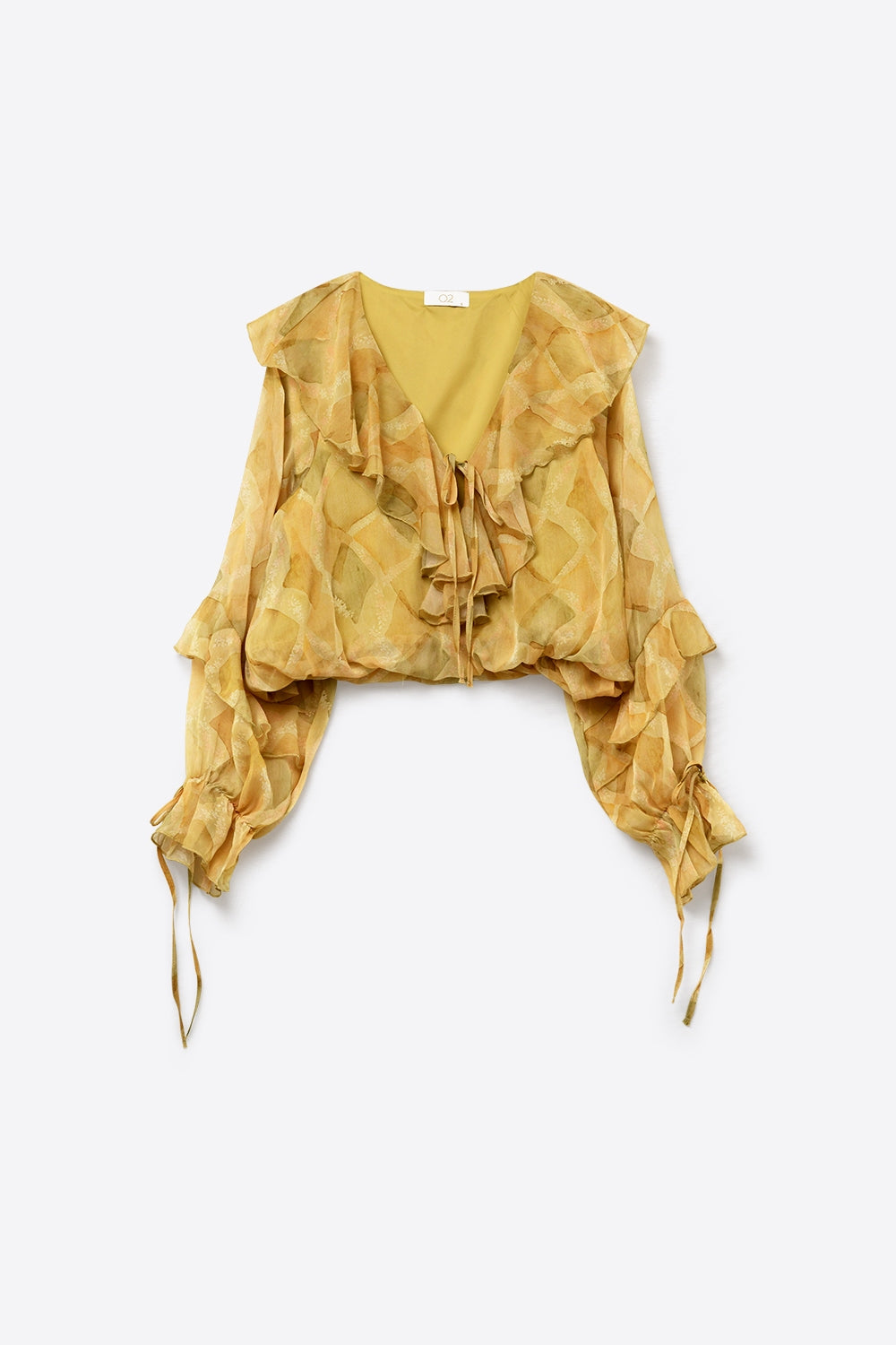 Mustard Ruffle Detail Sheer Blouse with Tie Front