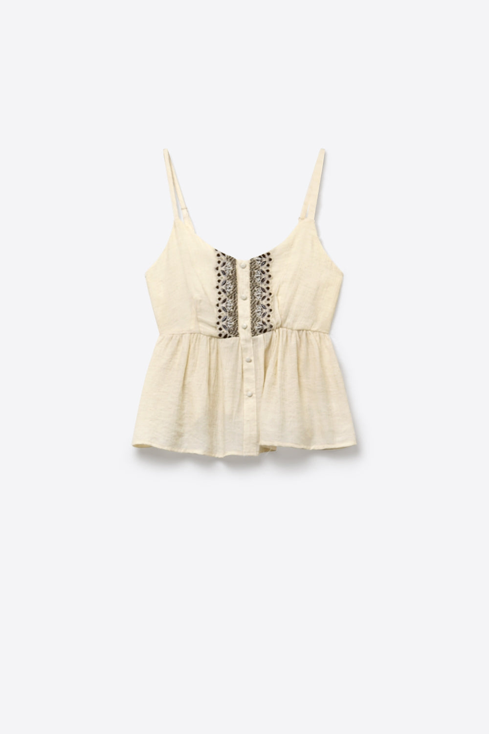 Cream Button-Front Peplum Top with Embroidered detail
