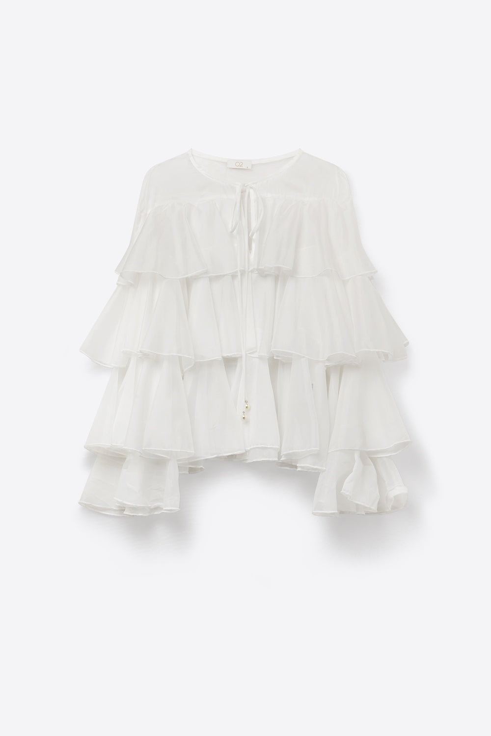 White Tiered Ruffle Peplum Blouse with Tie Neck - Shirts