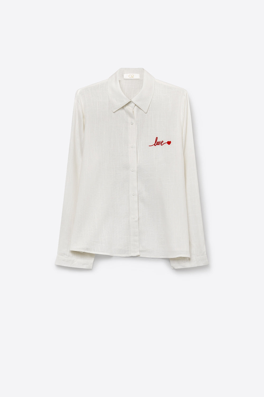 White Button-Up Shirt with Red Love Embroidery - Shirts