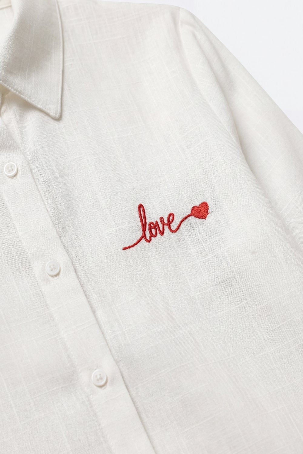 White Button-Up Shirt with Red Love Embroidery - Shirts