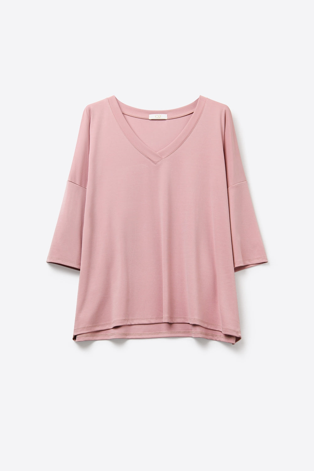 Dusty Rose V-Neck Relaxed Fit Top with 3/4 Sleeves - top