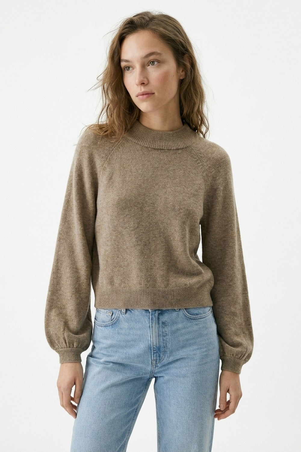 Beige Chunky Knit Sweater with Balloon Sleeves