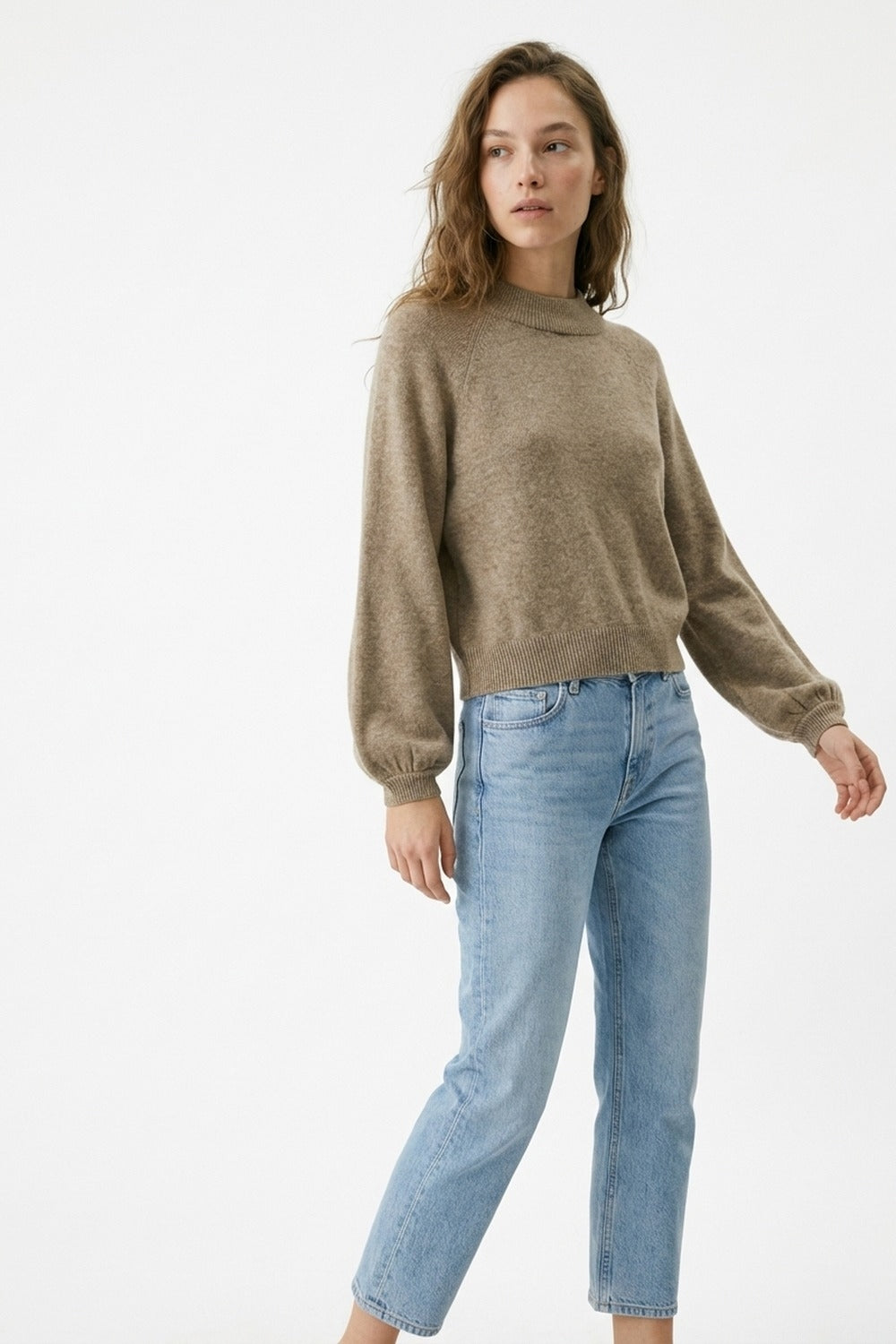 Beige Chunky Knit Sweater with Balloon Sleeves