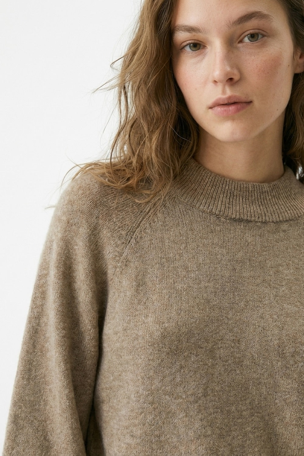 Beige Chunky Knit Sweater with Balloon Sleeves