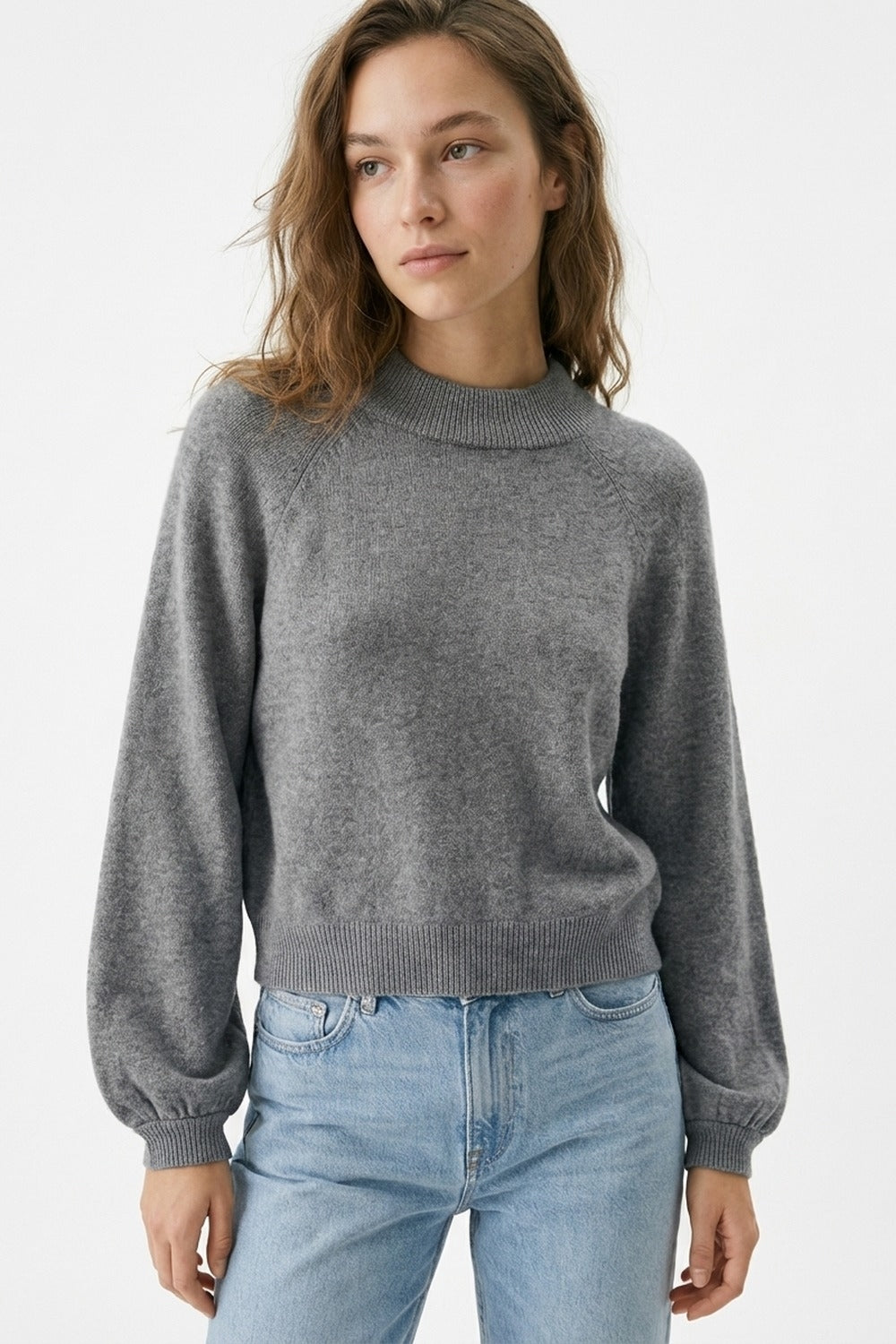 Grey Ribbed Knit Sweater with Balloon Sleeves