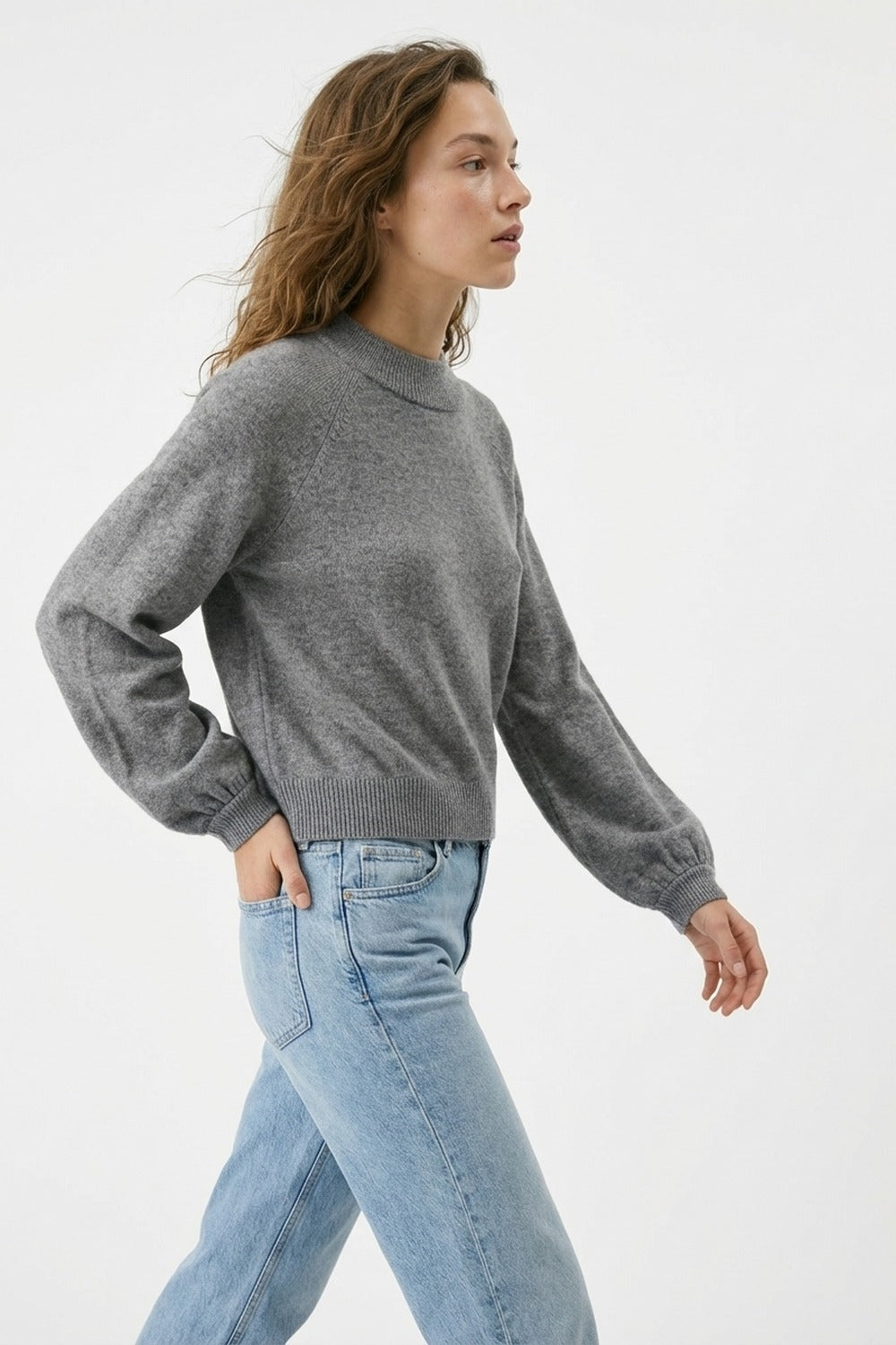 Grey Ribbed Knit Sweater with Balloon Sleeves
