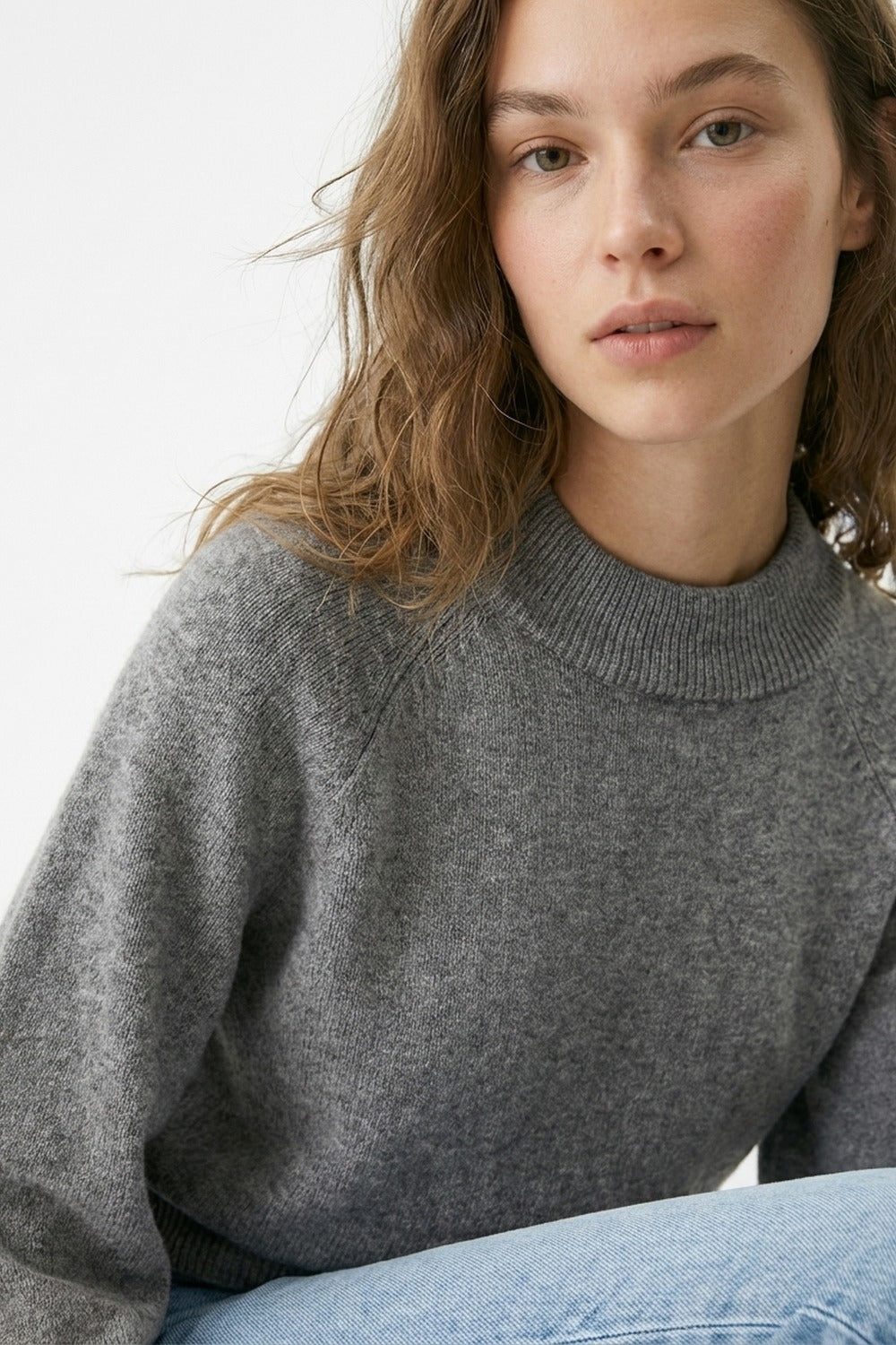 Grey Ribbed Knit Sweater with Balloon Sleeves