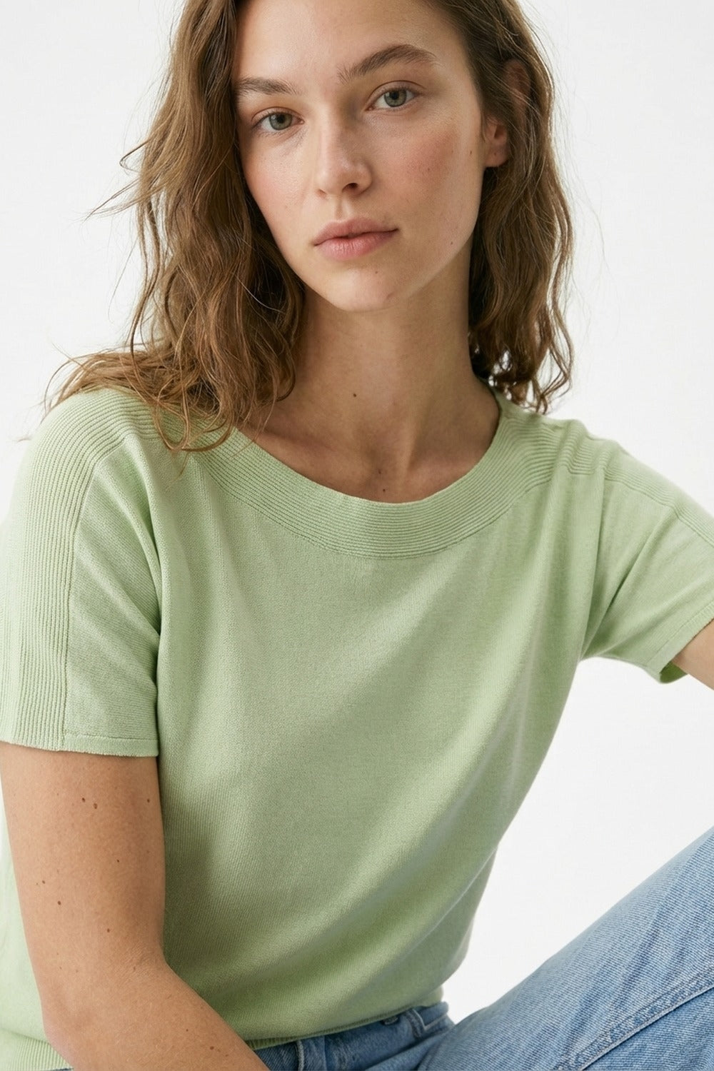 Light Green Soft Knit Relaxed Fit Short Sleeve Top