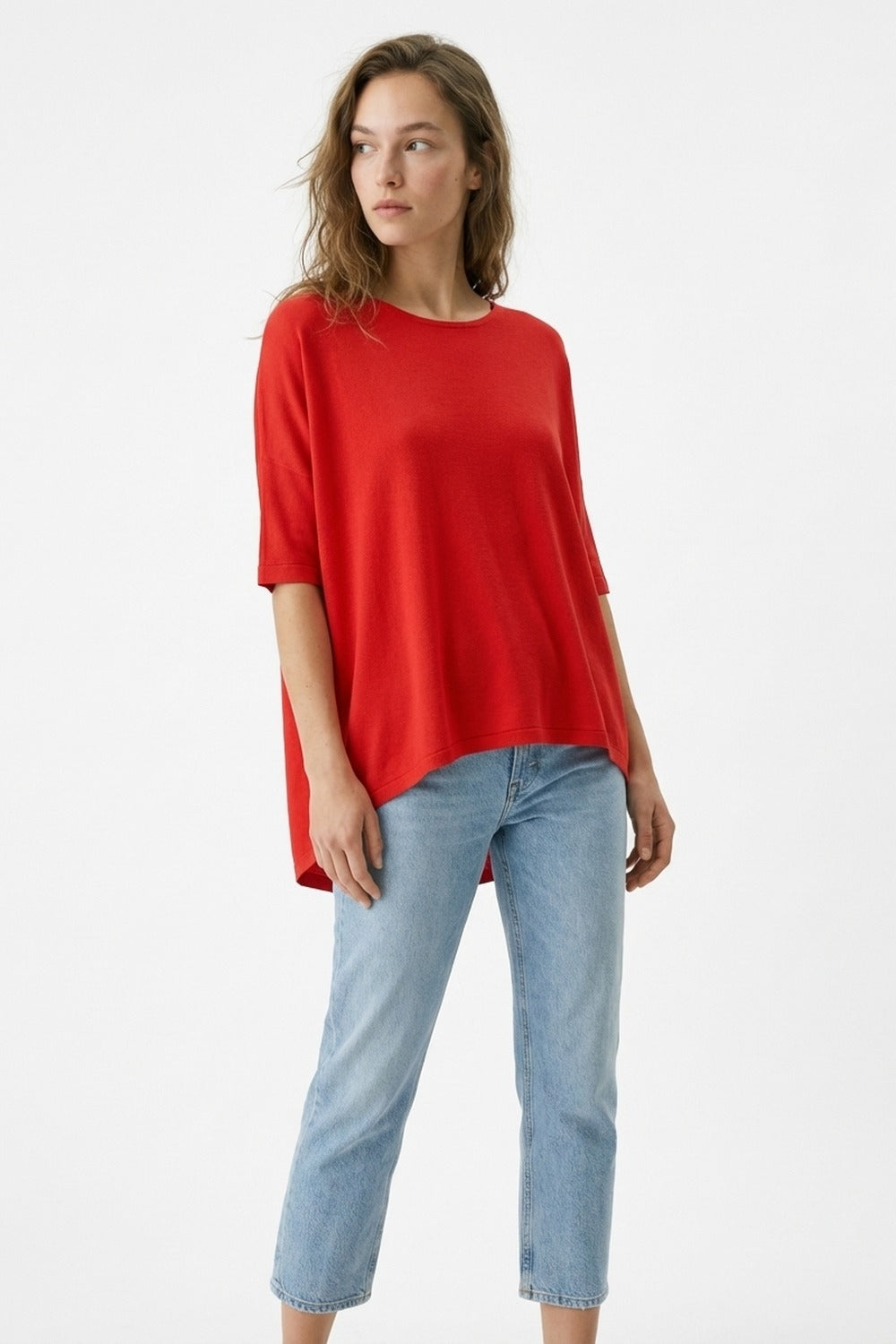 Oversized Sweater in Red with Elbow-Length Sleeves