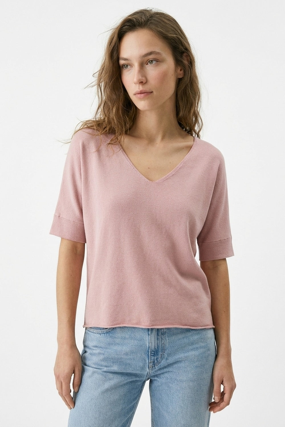 Dusty Pink V-Neck Relaxed Fit Knit Top