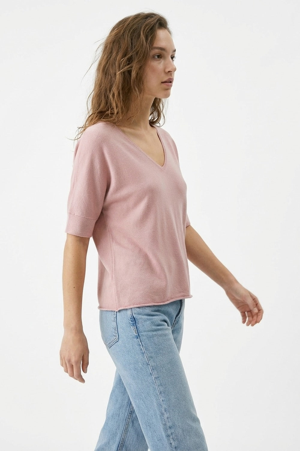Dusty Pink V-Neck Relaxed Fit Knit Top