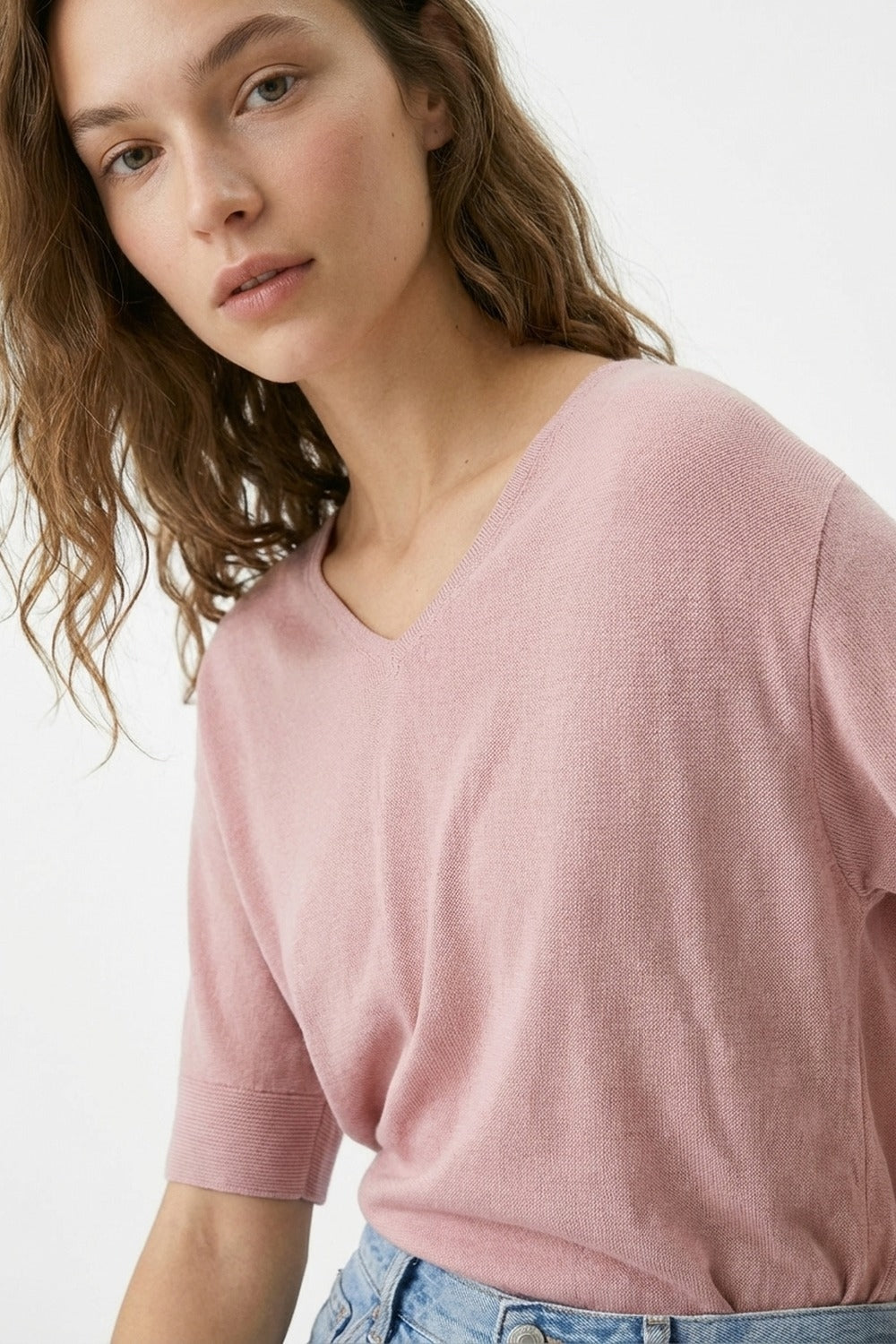 Dusty Pink V-Neck Relaxed Fit Knit Top