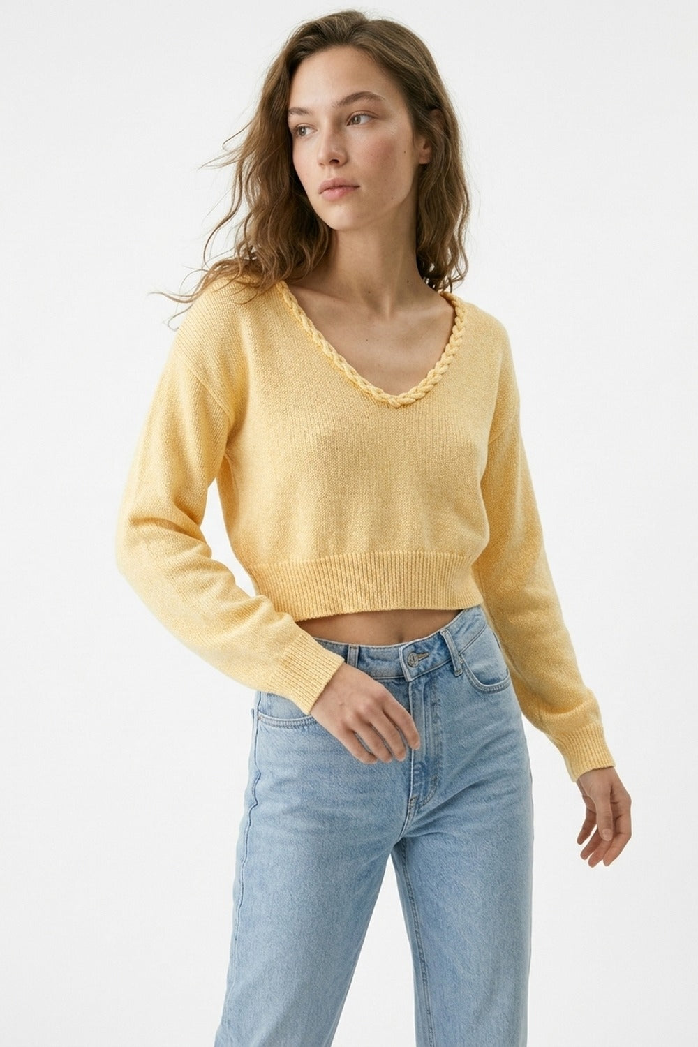 Yellow V-Neck Long Sleeve Crop Top