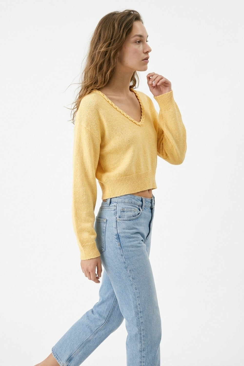Yellow V-Neck Long Sleeve Crop Top
