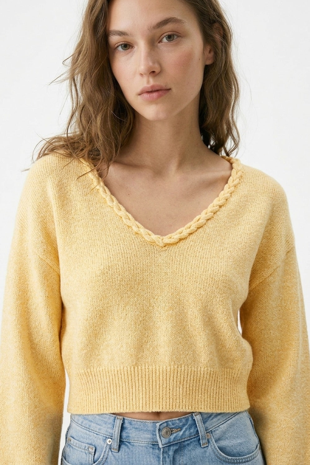 Yellow V-Neck Long Sleeve Crop Top