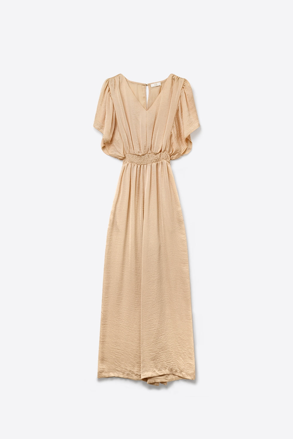 Beige Satin V-Neck Waist-Defined jumpsuit - jumpsuit