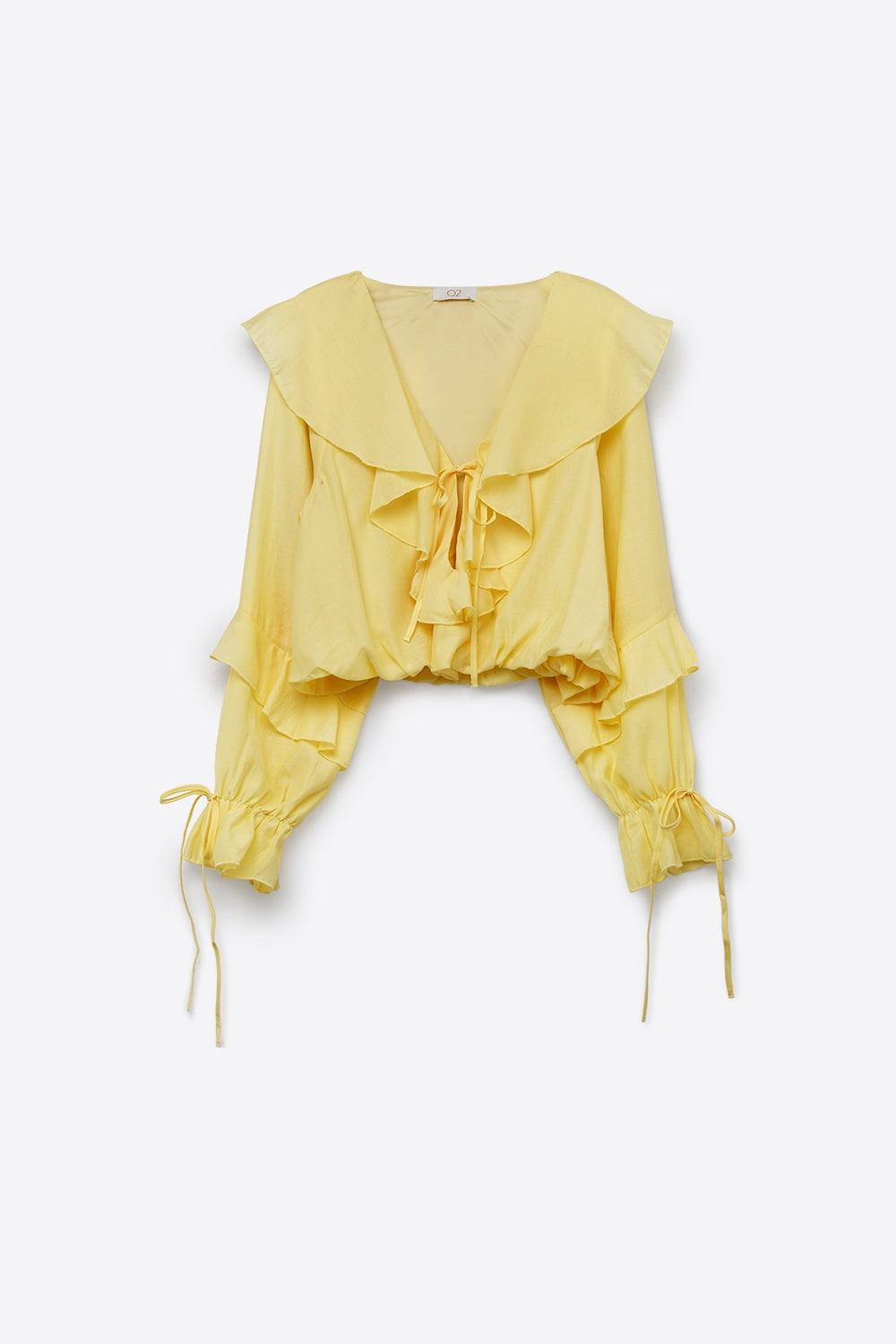 Yellow Ruffled Tie-Front Long Sleeve Blouse - top