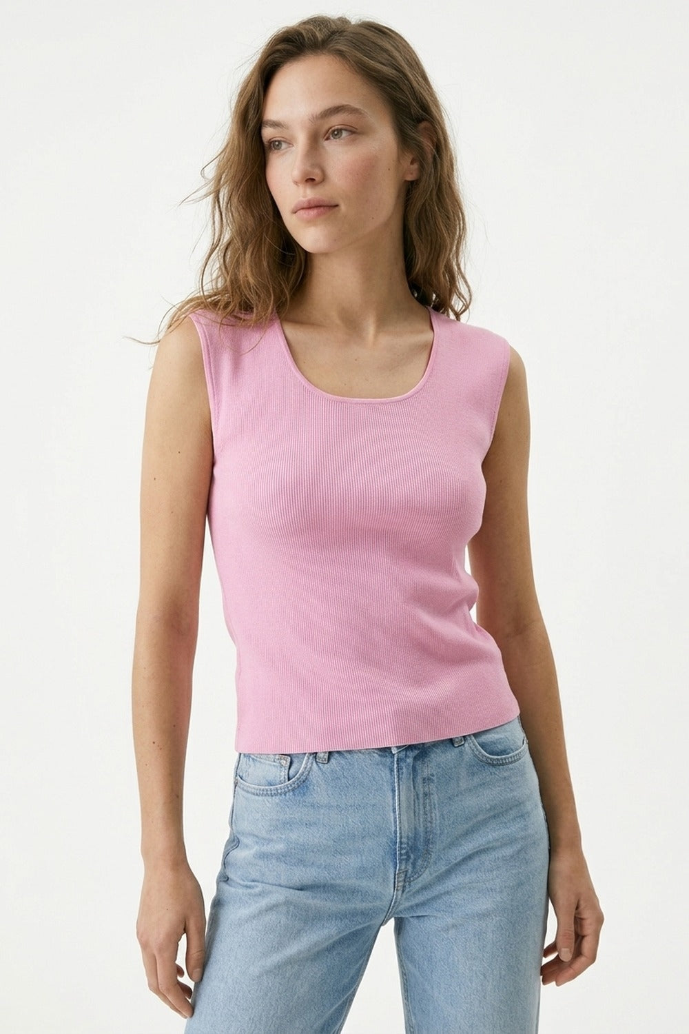 Pink Ribbed Knit Scoop Neck Tank Top - Jumpers
