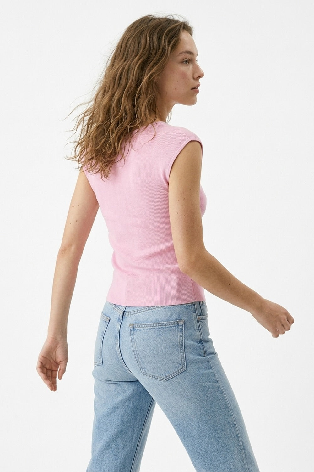 Pink Ribbed Knit Scoop Neck Tank Top - Jumpers