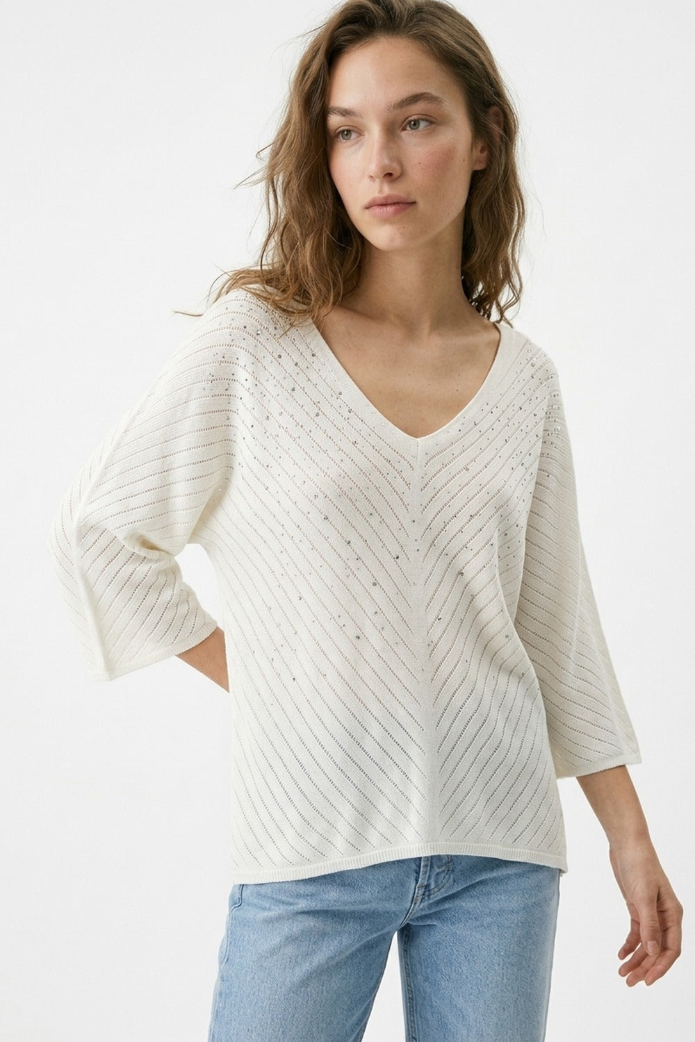 White V-Neck Embellished Knit Sweater Top