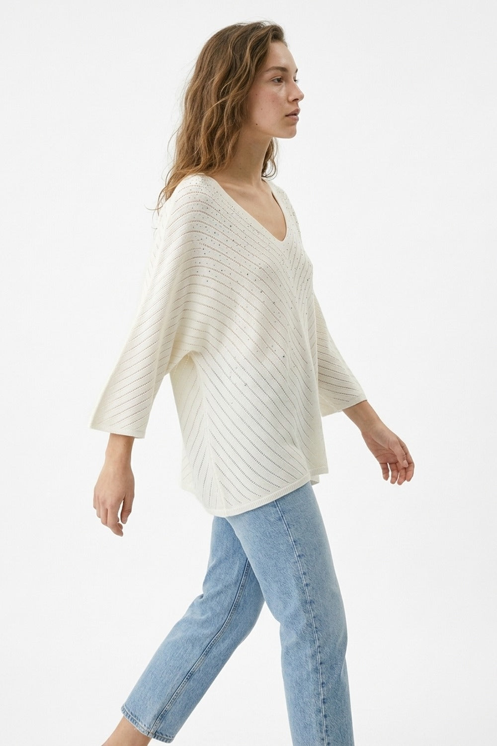 White V-Neck Embellished Knit Sweater Top