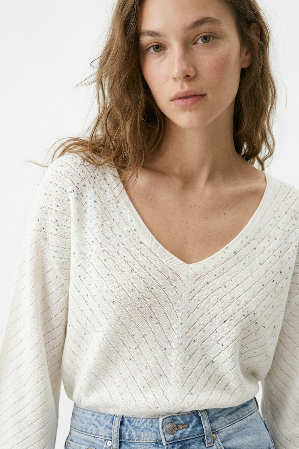 White V-Neck Embellished Knit Sweater Top