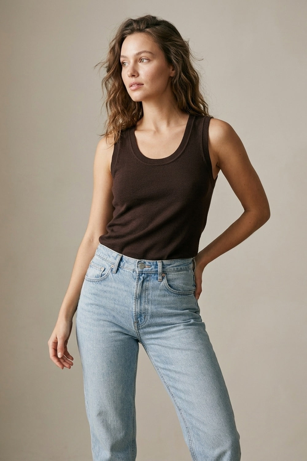 Brown Ribbed Knit Tank Top for Layering - Tops