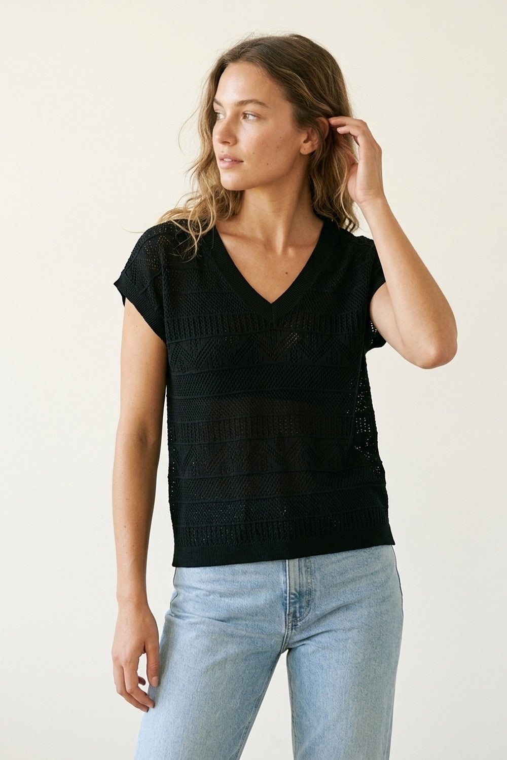 Black V-Neck Crochet Knit Top with Cap Sleeves