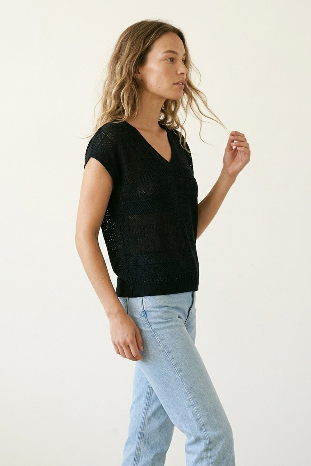 Black V-Neck Crochet Knit Top with Cap Sleeves