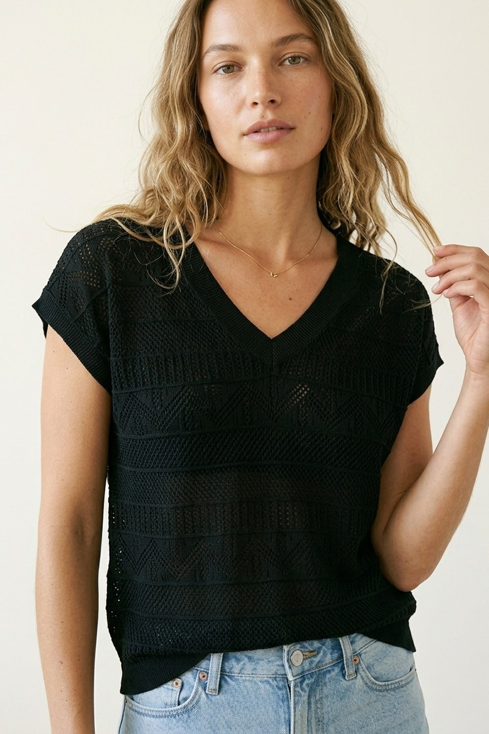 Black V-Neck Crochet Knit Top with Cap Sleeves