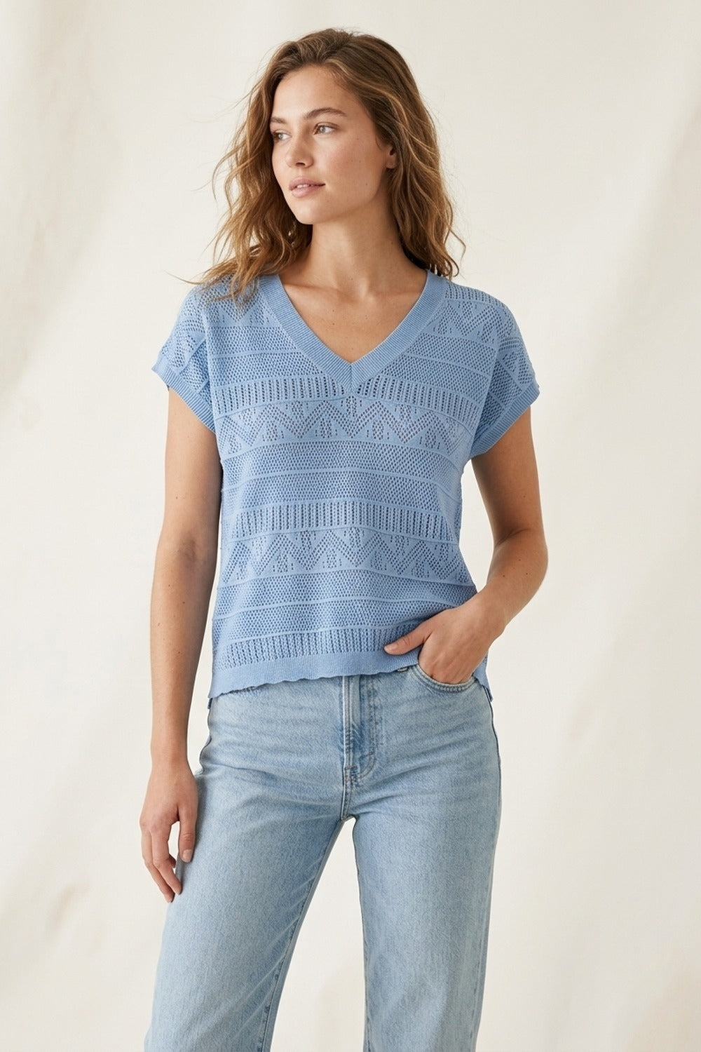 Light Blue Knit V-Neck Short Sleeve Top