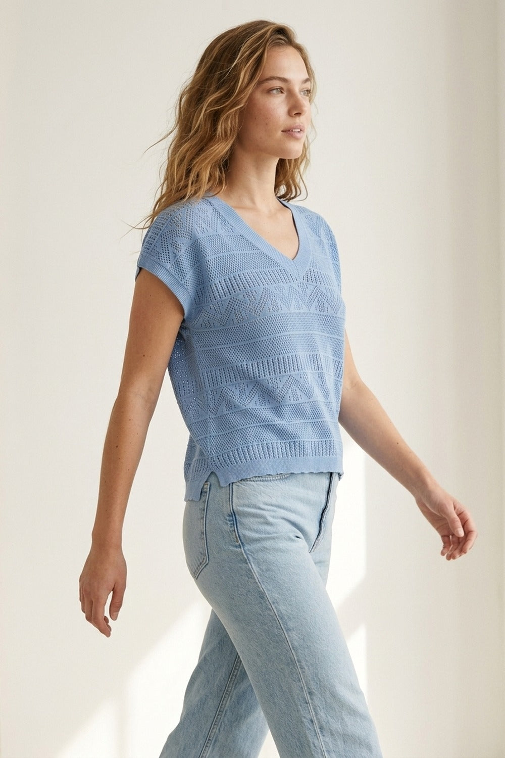 Light Blue Knit V-Neck Short Sleeve Top