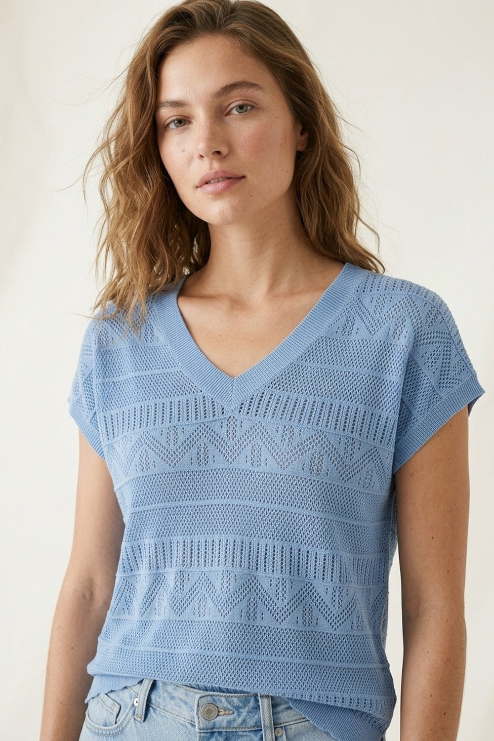 Light Blue Knit V-Neck Short Sleeve Top