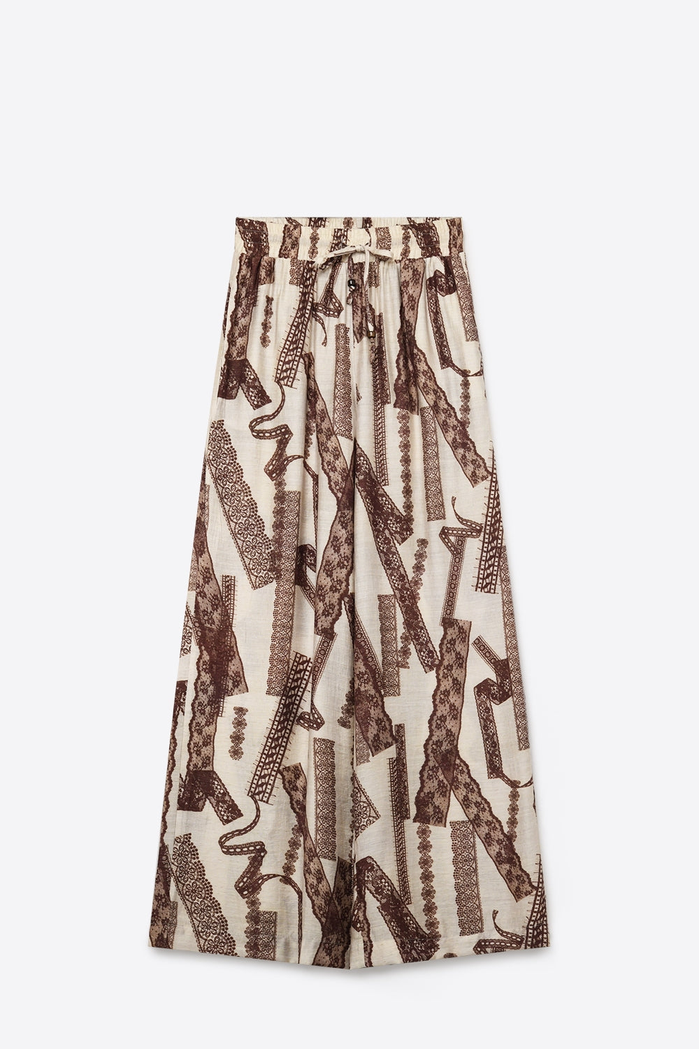 Cream and Brown Printed Wide-Leg Palazzo Pants with ankle lenght - trousers