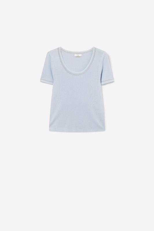 Short Sleeve sweater In baby blue With Silver Seam at Round Neck